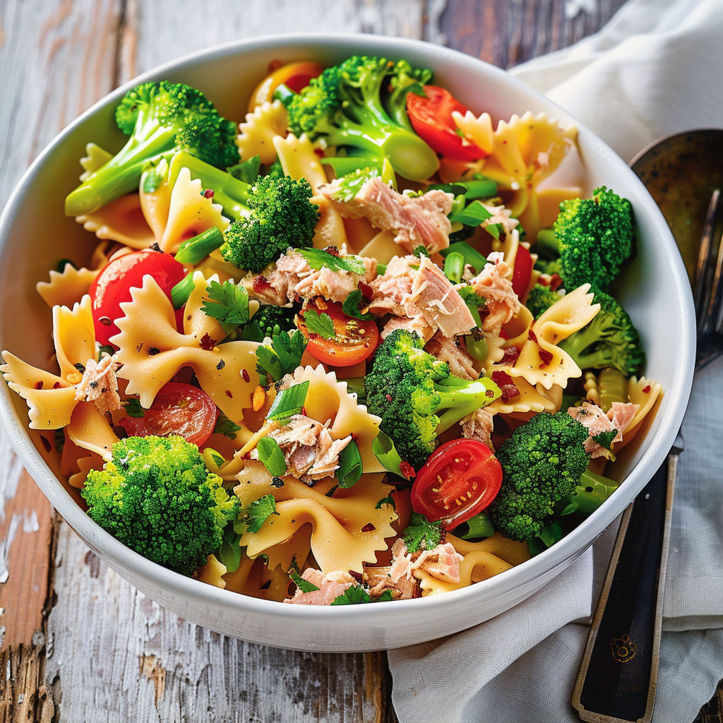 Un bol de pâtes avec légumes, tomates, brocolis et oignons posé sur une table.