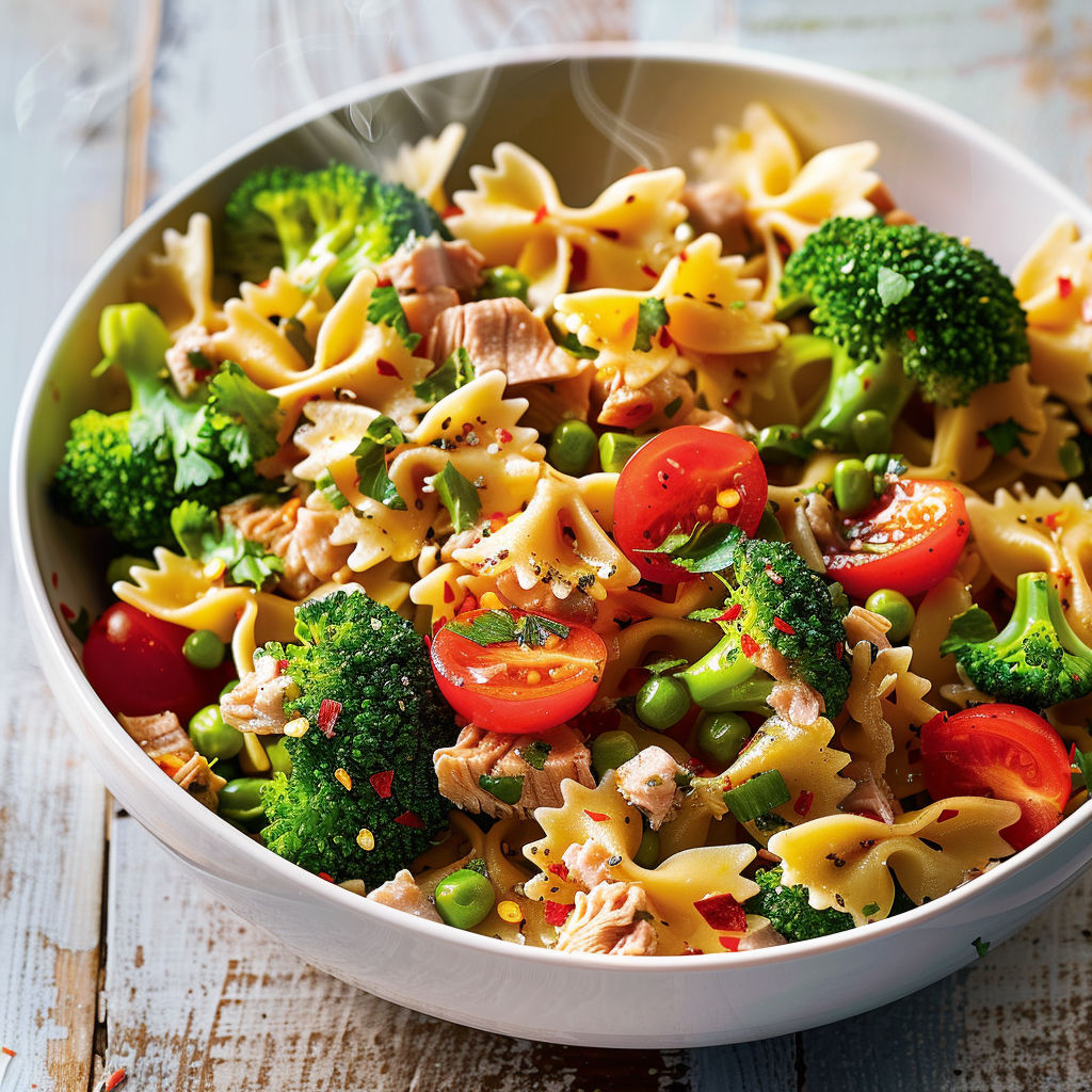 Bol de pâtes avec légumes, tomates, poivrons, épinards et brocolis sur une table.
