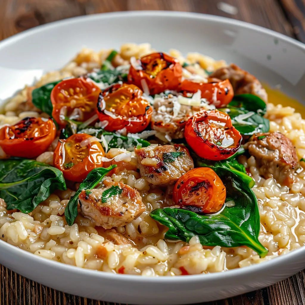 Un plat crémeux avec riz, tomates, épinards et tomates séchées parsemé de parmesan.