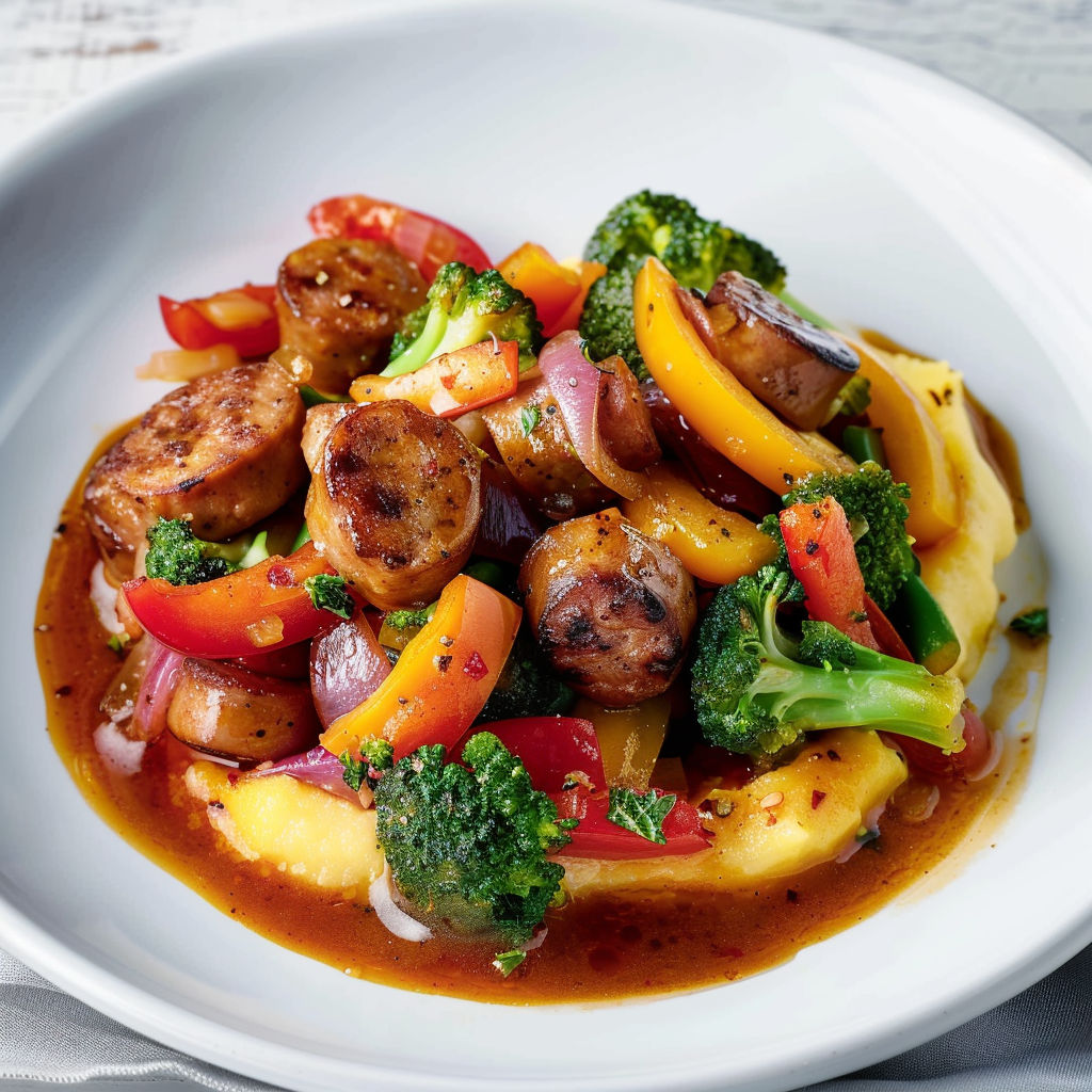 Un plat de polenta crémeuse avec grillades et légumes servie à table.
