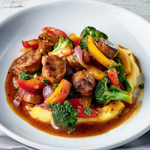 Un plat de polenta crémeuse avec grillades et légumes servie à table.