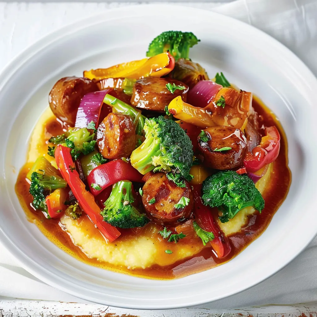Une assiette généreuse avec légumes et viande en sauce.