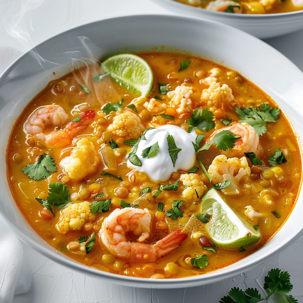 Un bol garni d'une soupe épaisse aux lentilles, chou-fleur et crevettes.