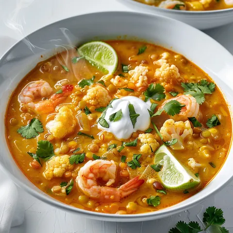 Un bol garni d'une soupe épaisse aux lentilles, chou-fleur et crevettes.