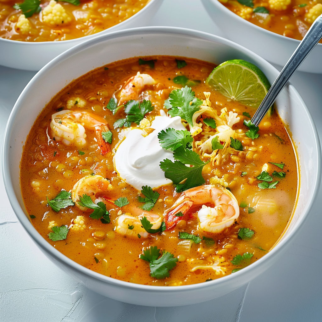 Soupe de crevettes et légumes avec herbes fraîches et fromage blanc.