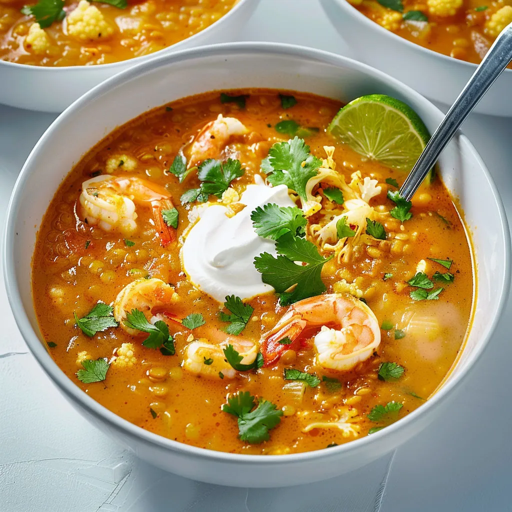 Soupe de crevettes et légumes avec herbes fraîches et fromage blanc.