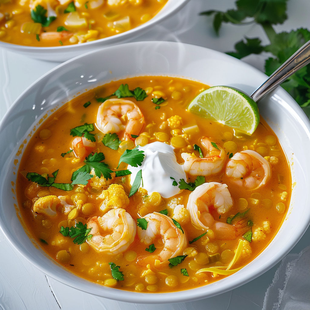 Bol de soupe chaude aux crevettes et légumes.