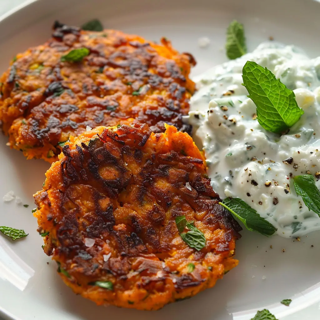 Plat coloré de galettes patates douces et tofu avec sauce et herbes fraîches.