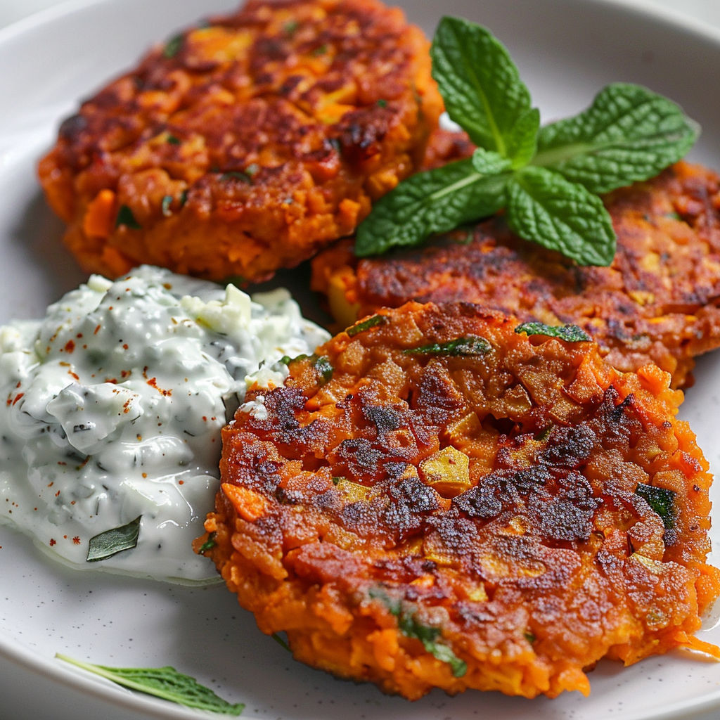 Une assiette de galettes de patate douce et légumes avec une sauce blanche au centre.