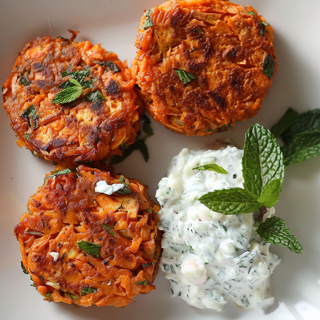 Galettes de carottes et patate douce servies avec une sauce à la coriandre.