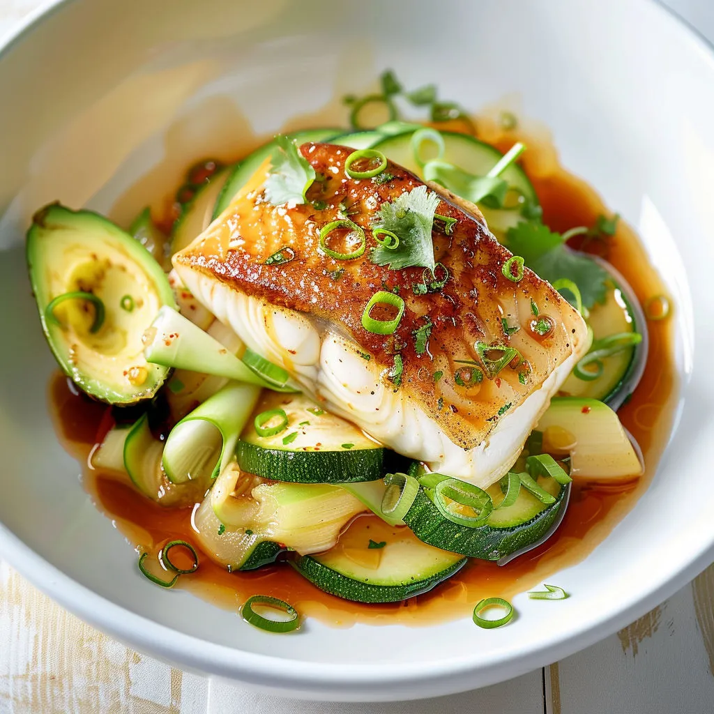 Un filet de morue doré avec des courgettes croquantes et de l'avocat, accompagné d'une sauce gingembre-citron.