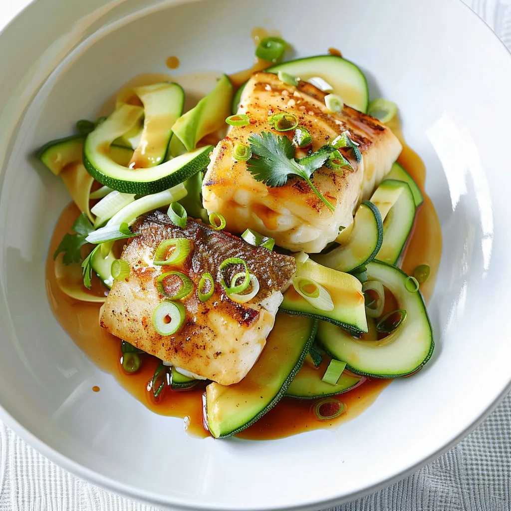 Poisson doré, courgette en rubans et sauce soja-citron dans une assiette.