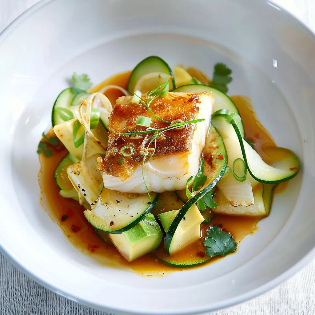 Morue en sauce pimentée, avocat frais et coriandre dans l’assiette.