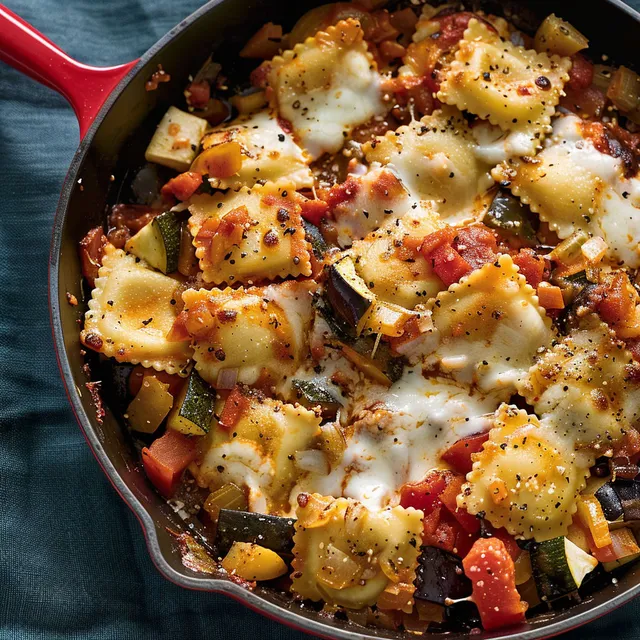 Plat de raviolis dorés avec légumes fondants au four.