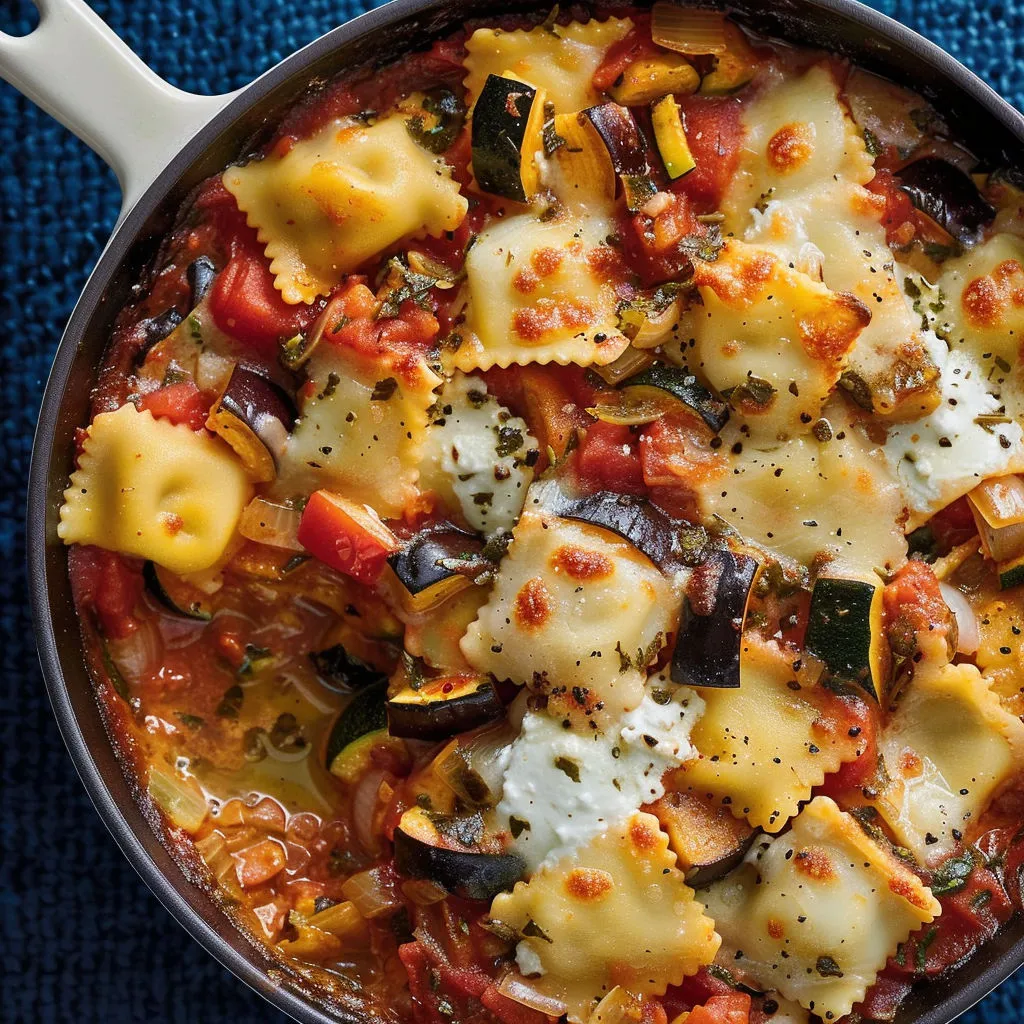 Un plat de macaroni avec des courgettes et d’autres légumes bien colorés.