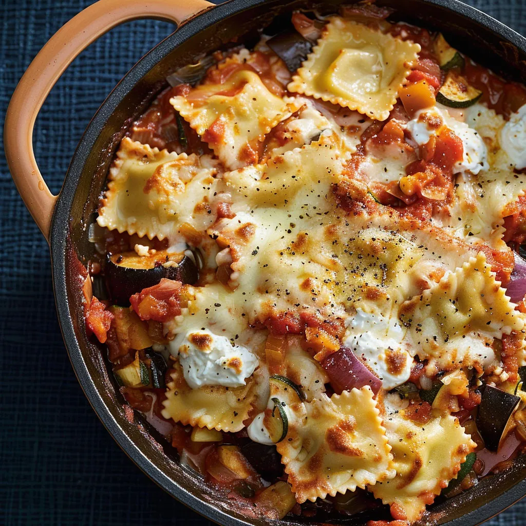 Un plat façon lasagnes maison servi dans une cocotte en fonte.
