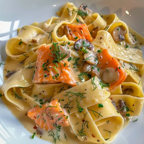 Pappardelles au saumon moelleux et shiitakes parfumés, accompagnées d'herbes fraîches.