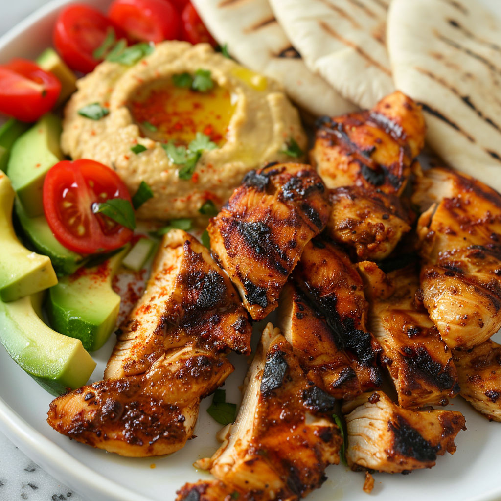 Un plat de poulet doré avec des légumes, pita et houmous.