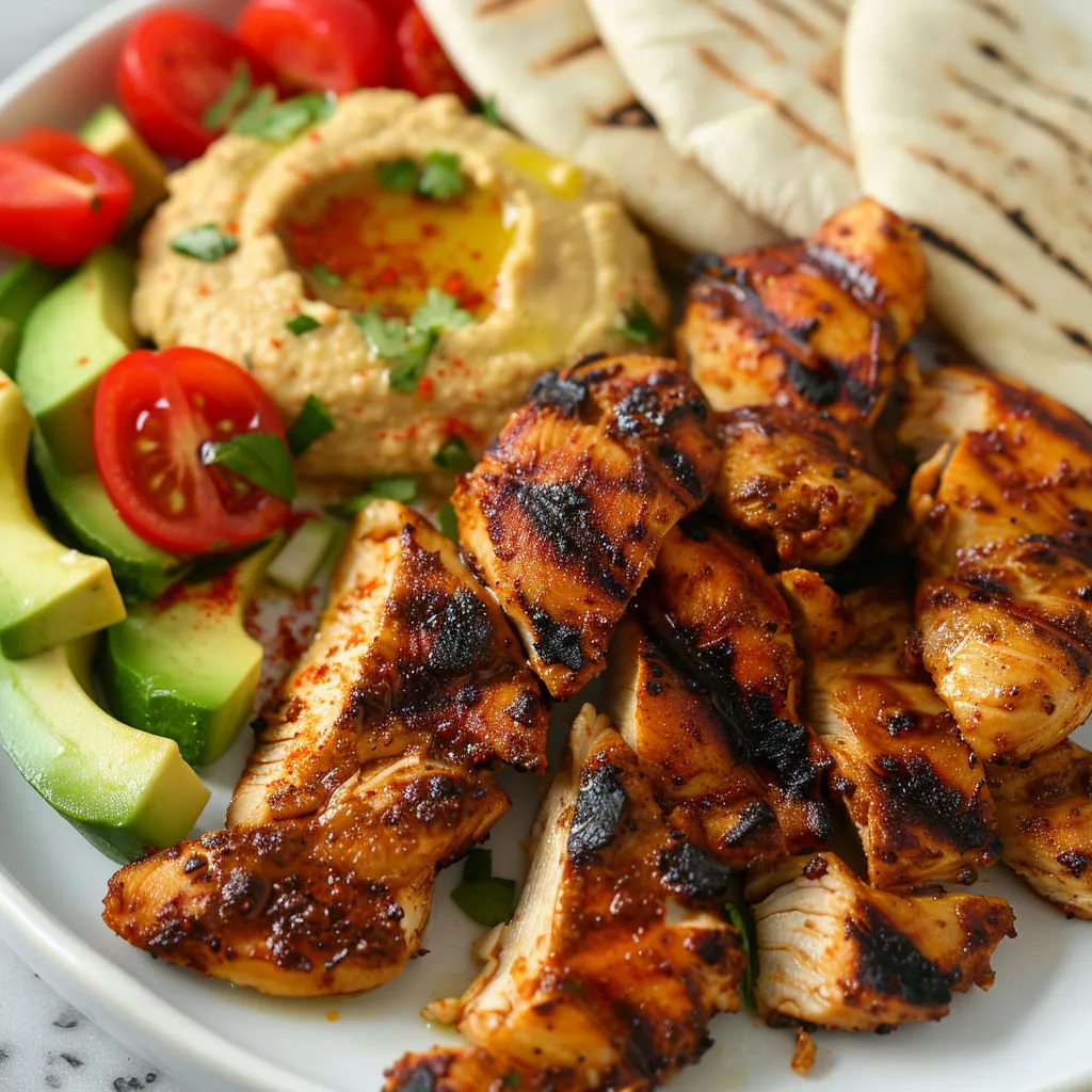 Un plat de poulet doré avec des légumes, pita et houmous.