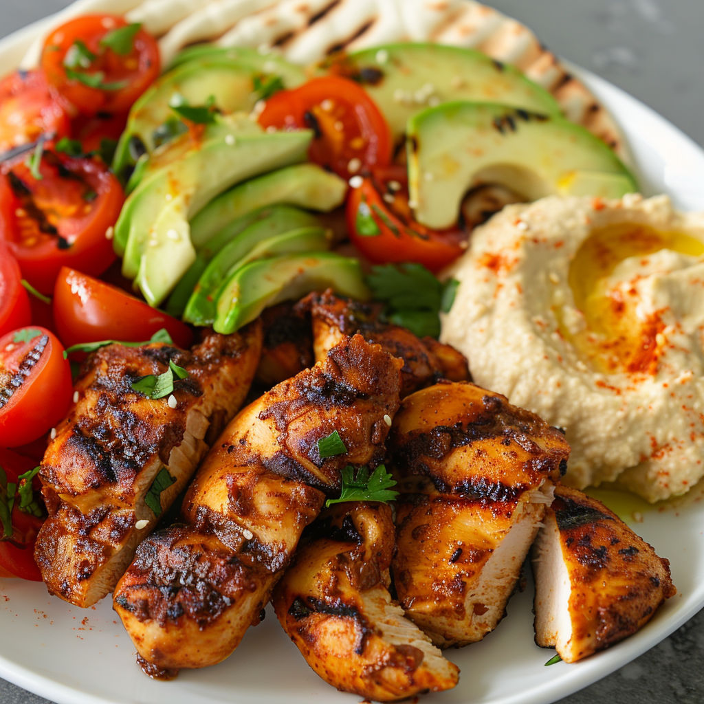 Assiette de poulet au citron, épices et houmous à côté.