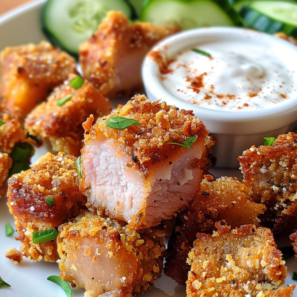 Un plat de porc croustillant servi avec une sauce et des légumes frais, présenté sur un plateau.