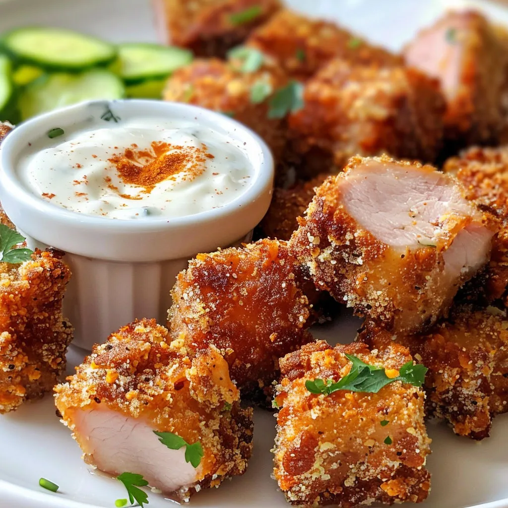 Nuggets de porc croustillants accompagnés d'une sauce au yaourt et d'herbes.