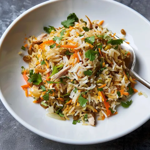 Une assiette parfumée de dinde aux épices indiennes avec riz basmati et légumes colorés, placée sur une table.