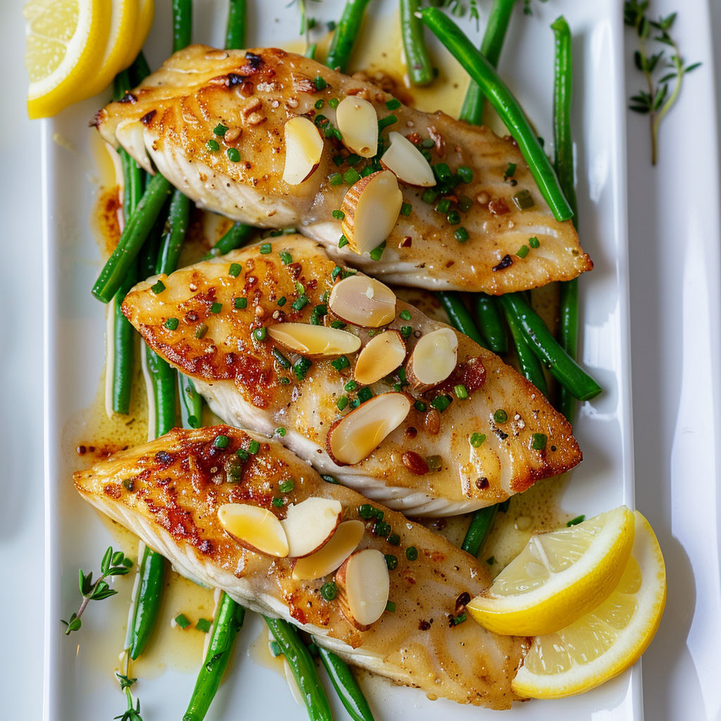 Sole avec haricots verts et citrons sur plaque au four.