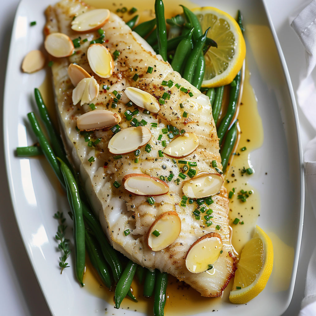 Poisson doré avec amandes et haricots verts, plus des quartiers de citron.