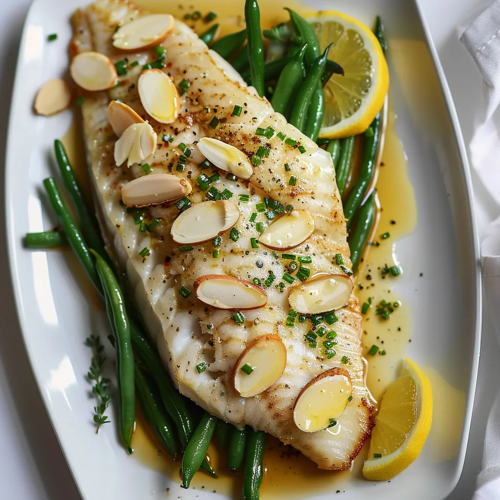Poisson doré avec amandes et haricots verts, plus des quartiers de citron.