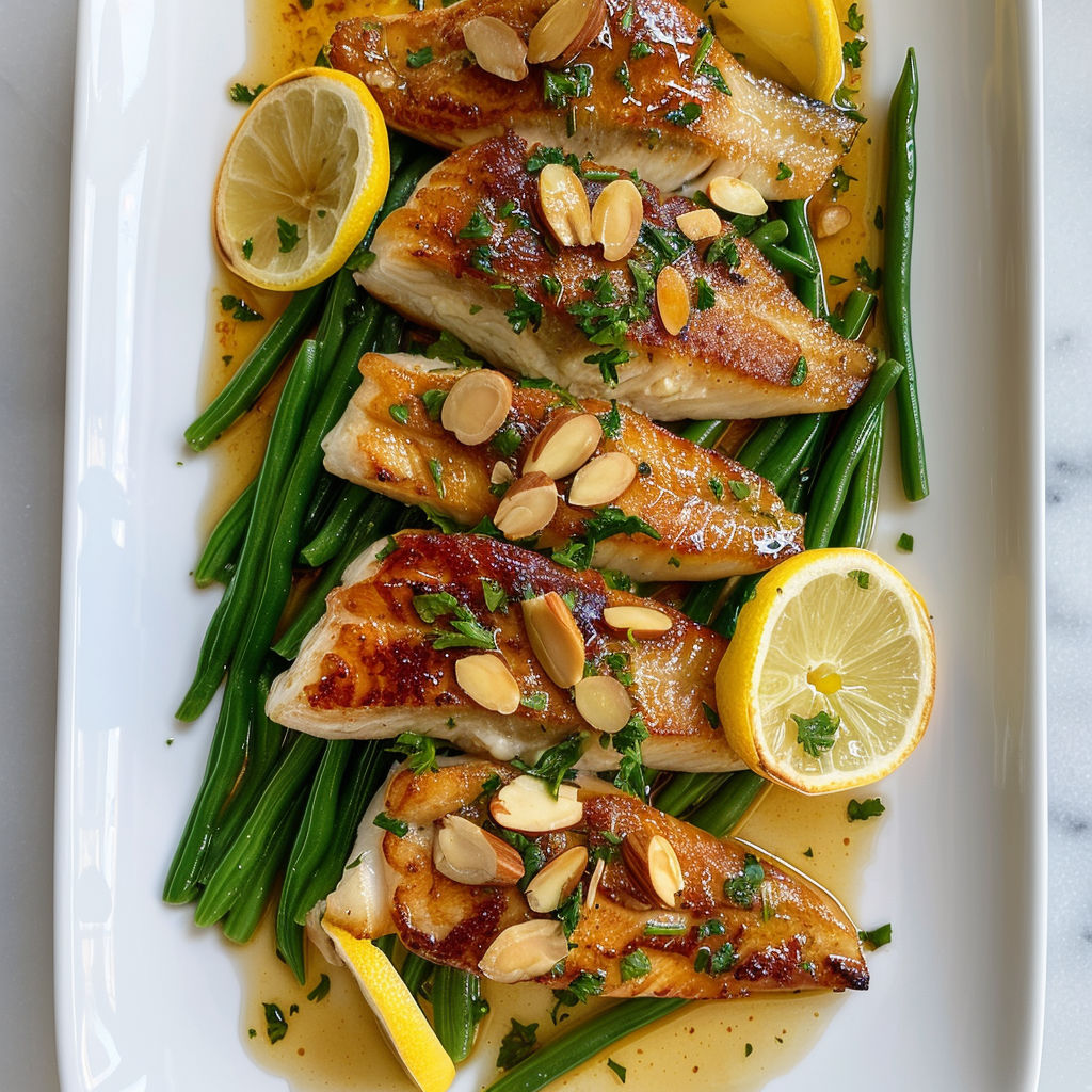 Filets de sole rapides avec amandes, sur plat blanc, accompagnés de légumes verts.