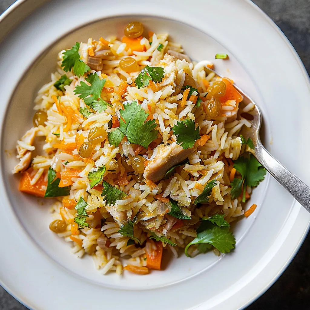 Une assiette de riz, carottes et épices colorés.