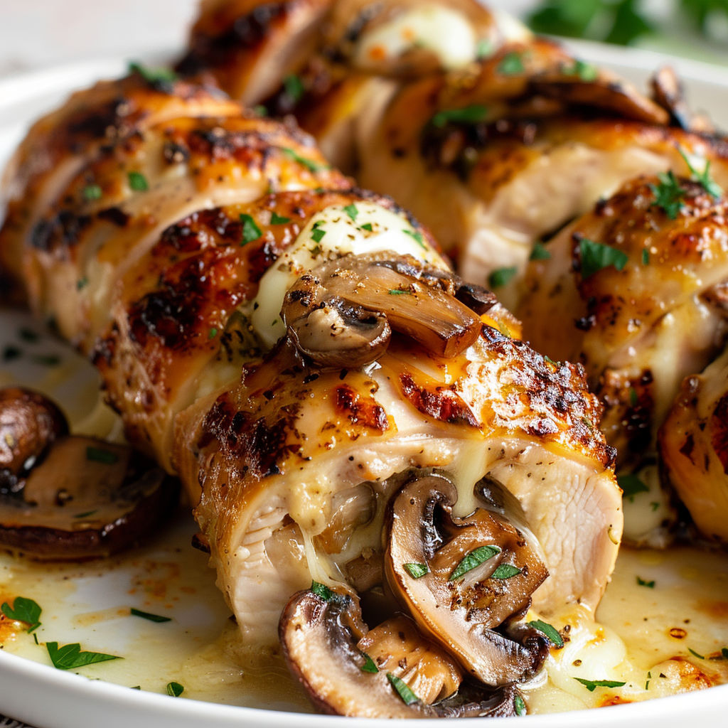 Délicieux roulés de poulet avec fromage fondant et champignons gourmands.