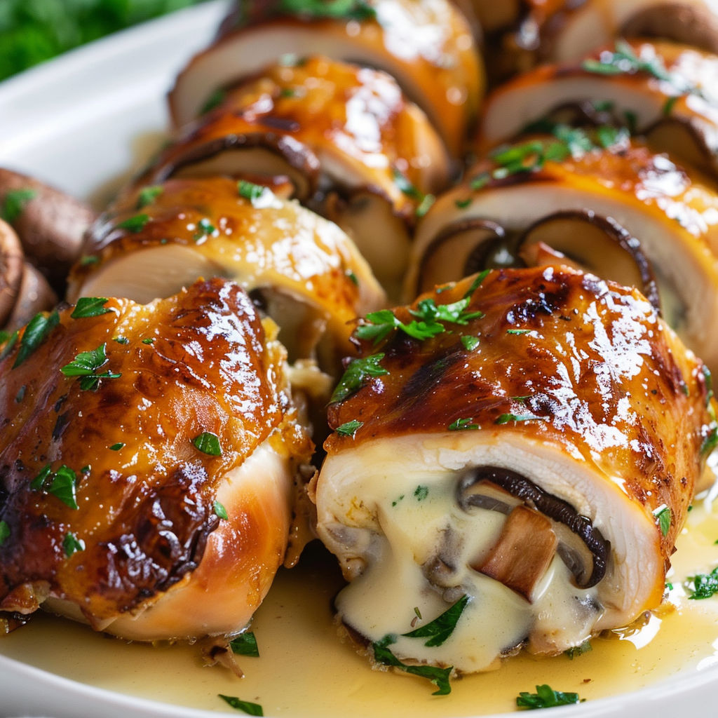 Petits roulés de poulet farcis aux champignons, servis avec une sauce à côté.