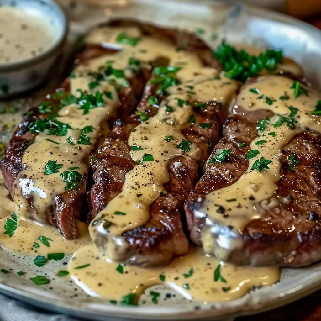Viande juteuse avec sauce crème et ail doré.