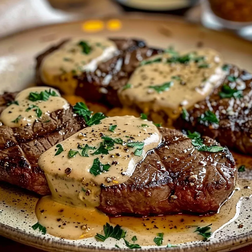 Steak bien grillé à souhait nappé d’une sauce à l’ail onctueuse.