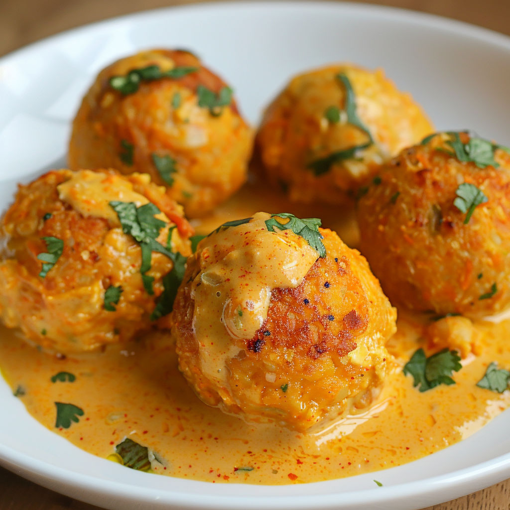 Boules végétariennes carottes pois chiches sauce coco au curry.