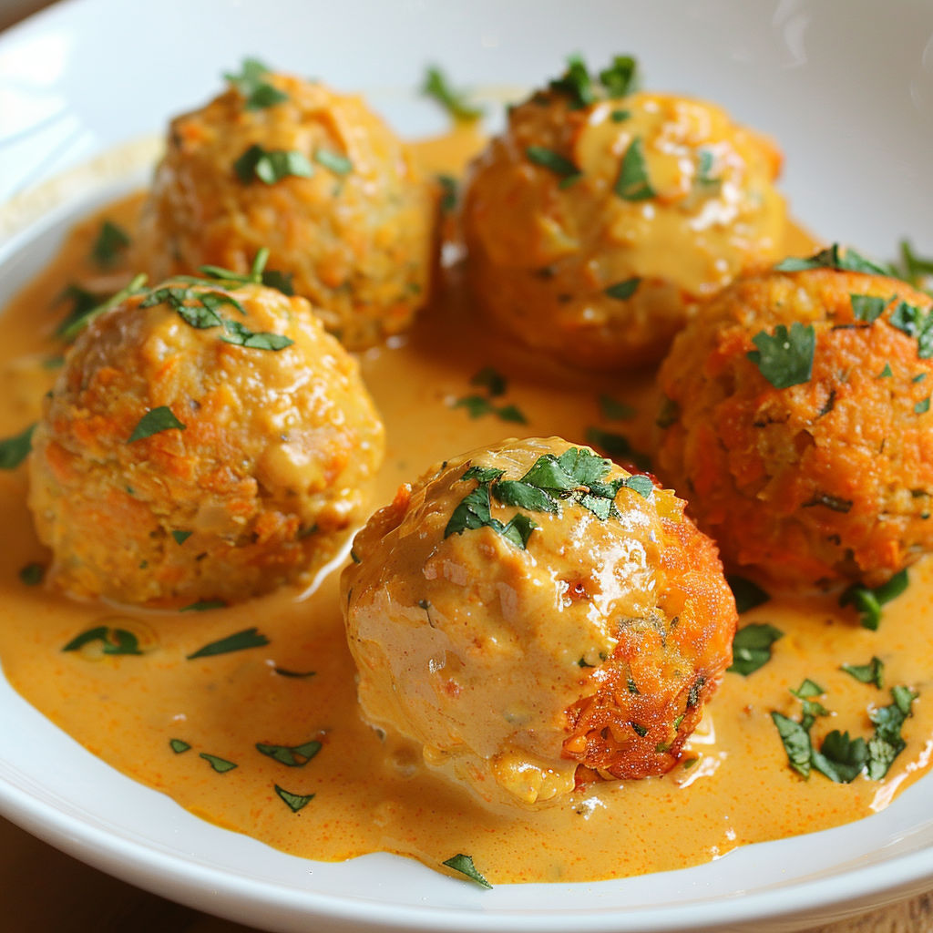 Assiette de boulettes végétales couvertes d’une sauce onctueuse.