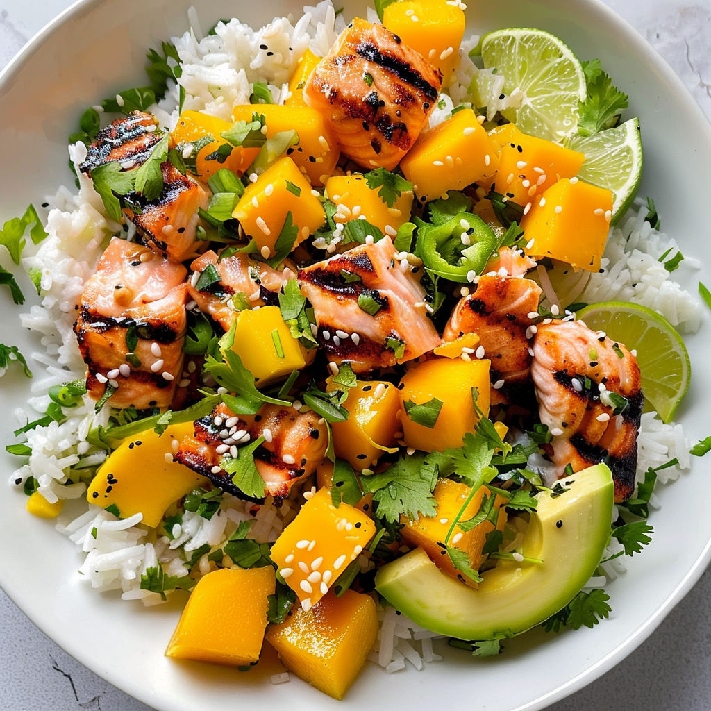 Riz basmati avec mangue et saumon savoureux.