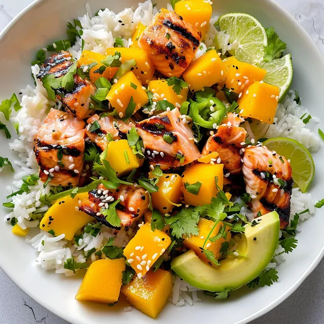 Riz basmati avec mangue et saumon savoureux.