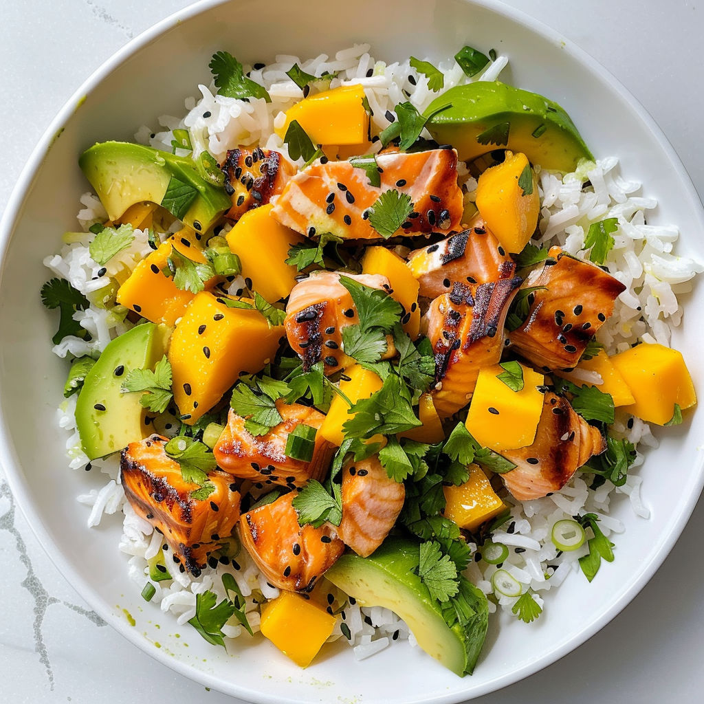 Une salade pleine de fraîcheur avec riz basmati, saumon grillé et mangue sucrée.