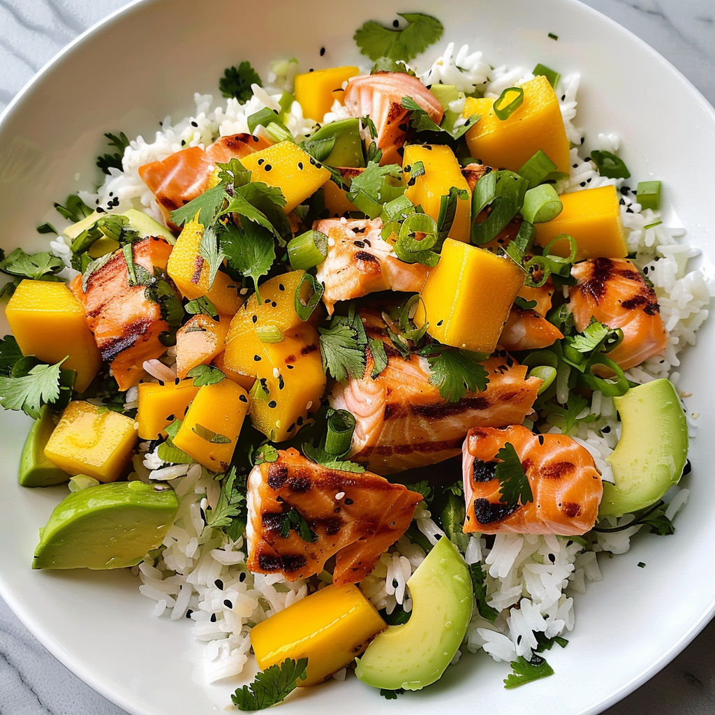 Un joli plat vitaminé avec riz, saumon grillé, mangue et un zeste de citron vert.