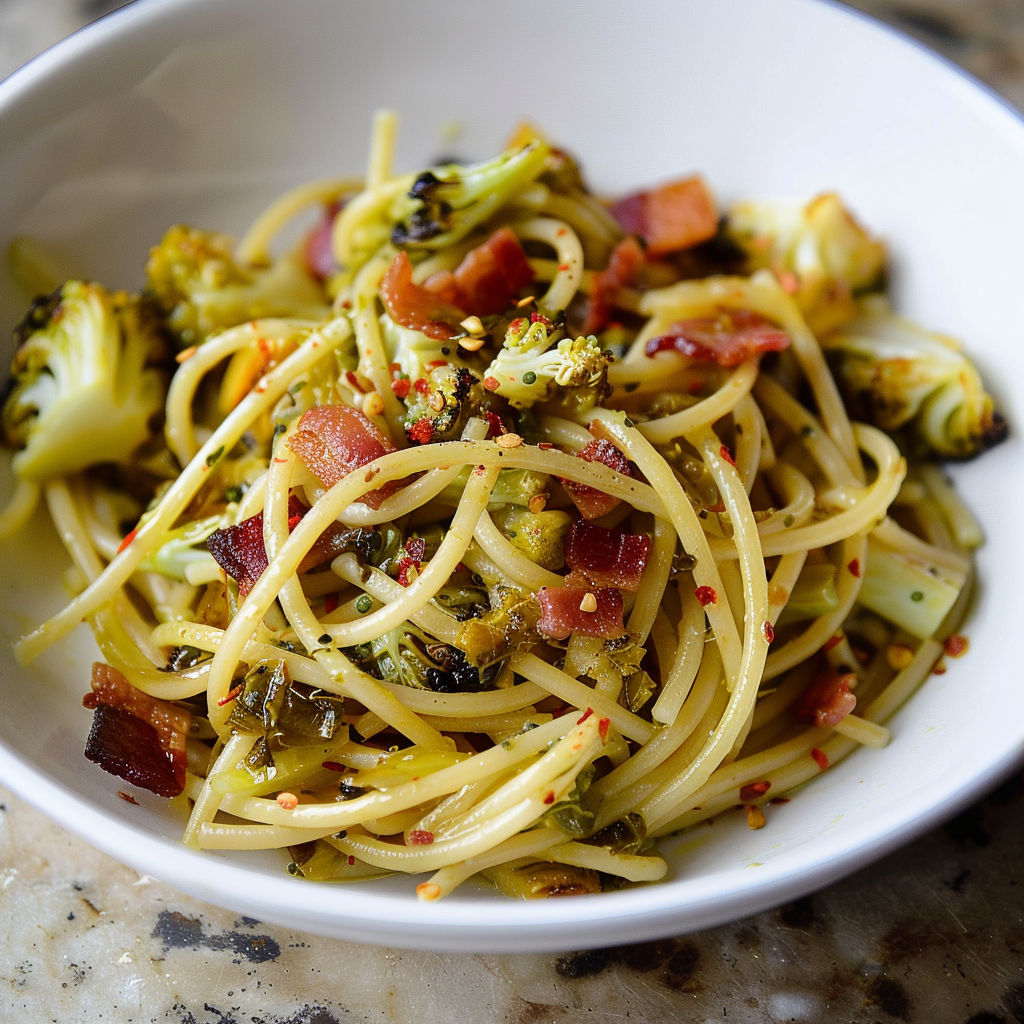 Plat généreux et économique de spaghettis au chou doré, lardons et piment.