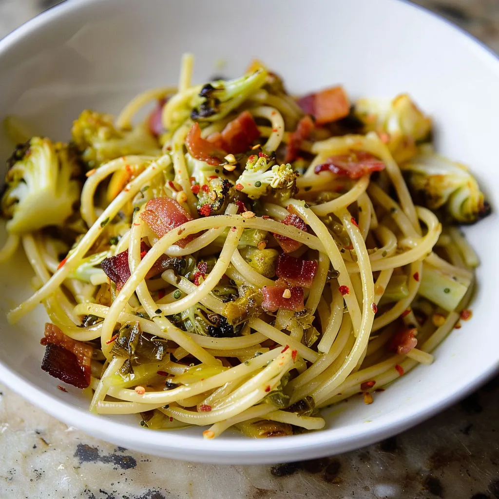Plat généreux et économique de spaghettis au chou doré, lardons et piment.