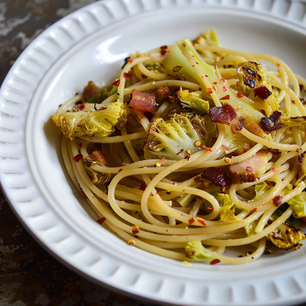 Spaghettis généreux au chou gratiné et lardons, parfait pour la famille.
