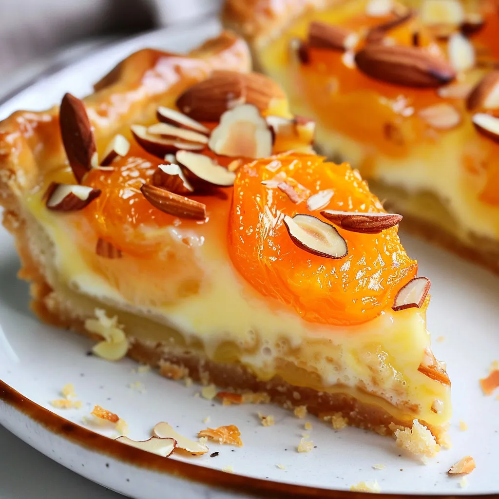 Tarte aux abricots et amandes, servie sur un plateau élégant.