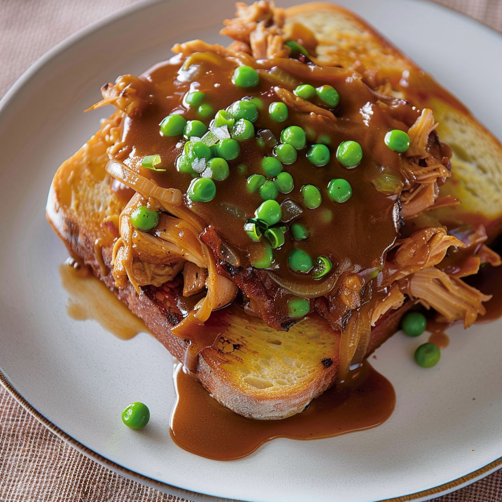 Un sandwich de canard garni de sauce et légumes pour un repas gourmand.