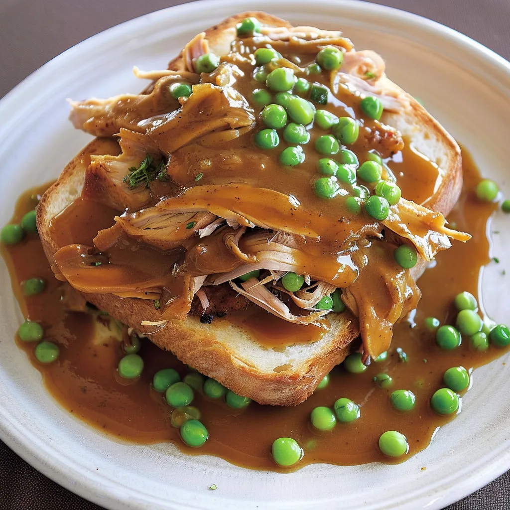 Un hot chicken revisité, garni de pommes de terre et de pois, présenté sur un grand plat.