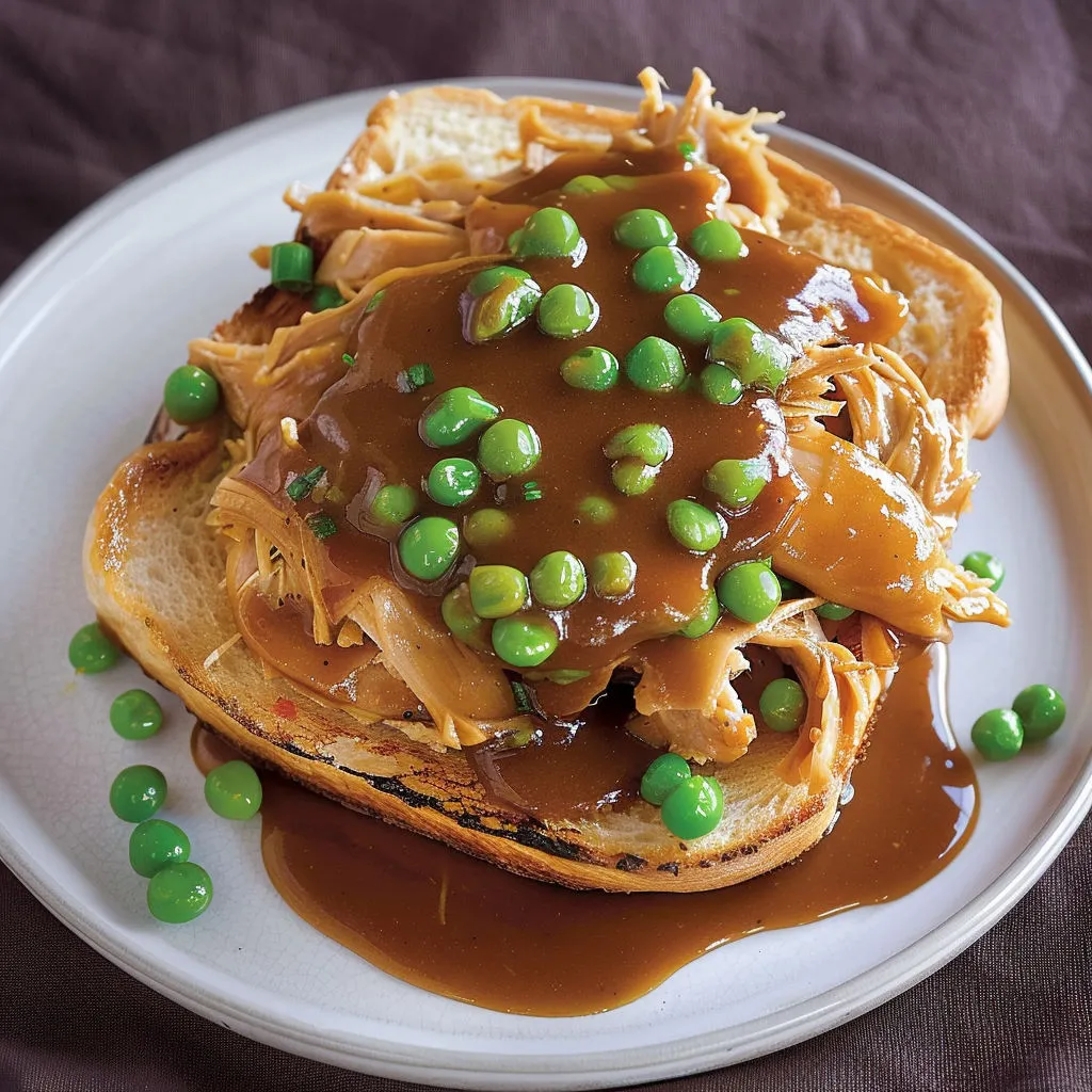 Un pain toasté recouvert de poulet confit et de sauce crémeuse, hyper gourmand.