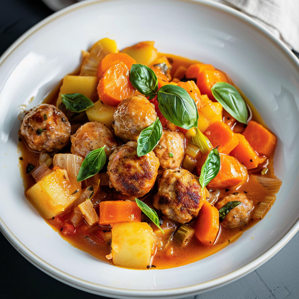 Un plat mijoté avec boulettes de saucisse, légumes frais et herbes aromatiques pour la finition.